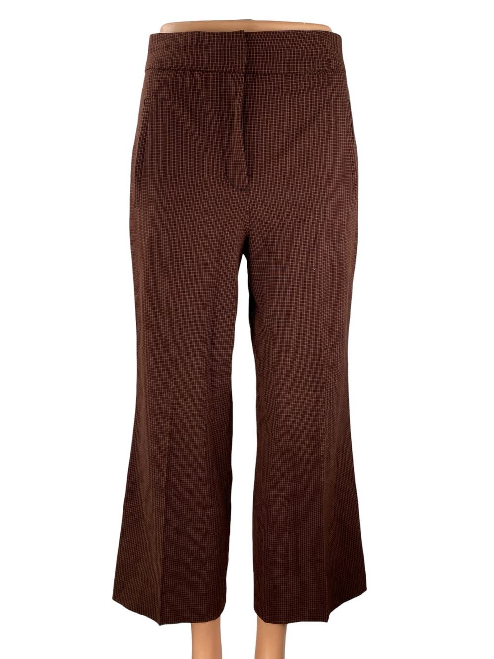 Little Moon Women's Brown Grid Plaid Check Flare Wide Leg Trousers Dress Pants 2